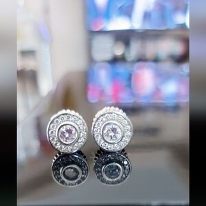 Round Silver Halo Stud Earrings with Cubic Stones -